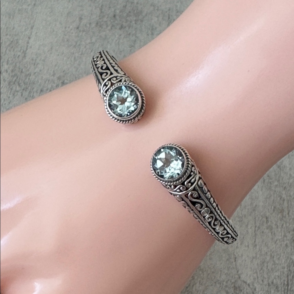 Annika Witt Bali Sterling Silver 925 Blue Topaz Open Cuff Filigree ID Bracelet